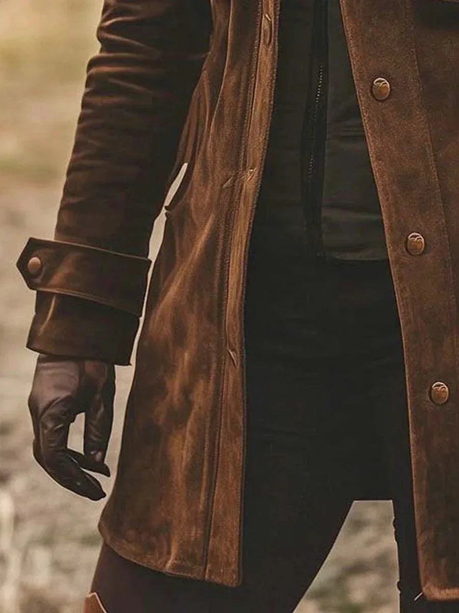 Vintage Suede Lapel Collar Mid-Length Coat Jacket - NuaVibe