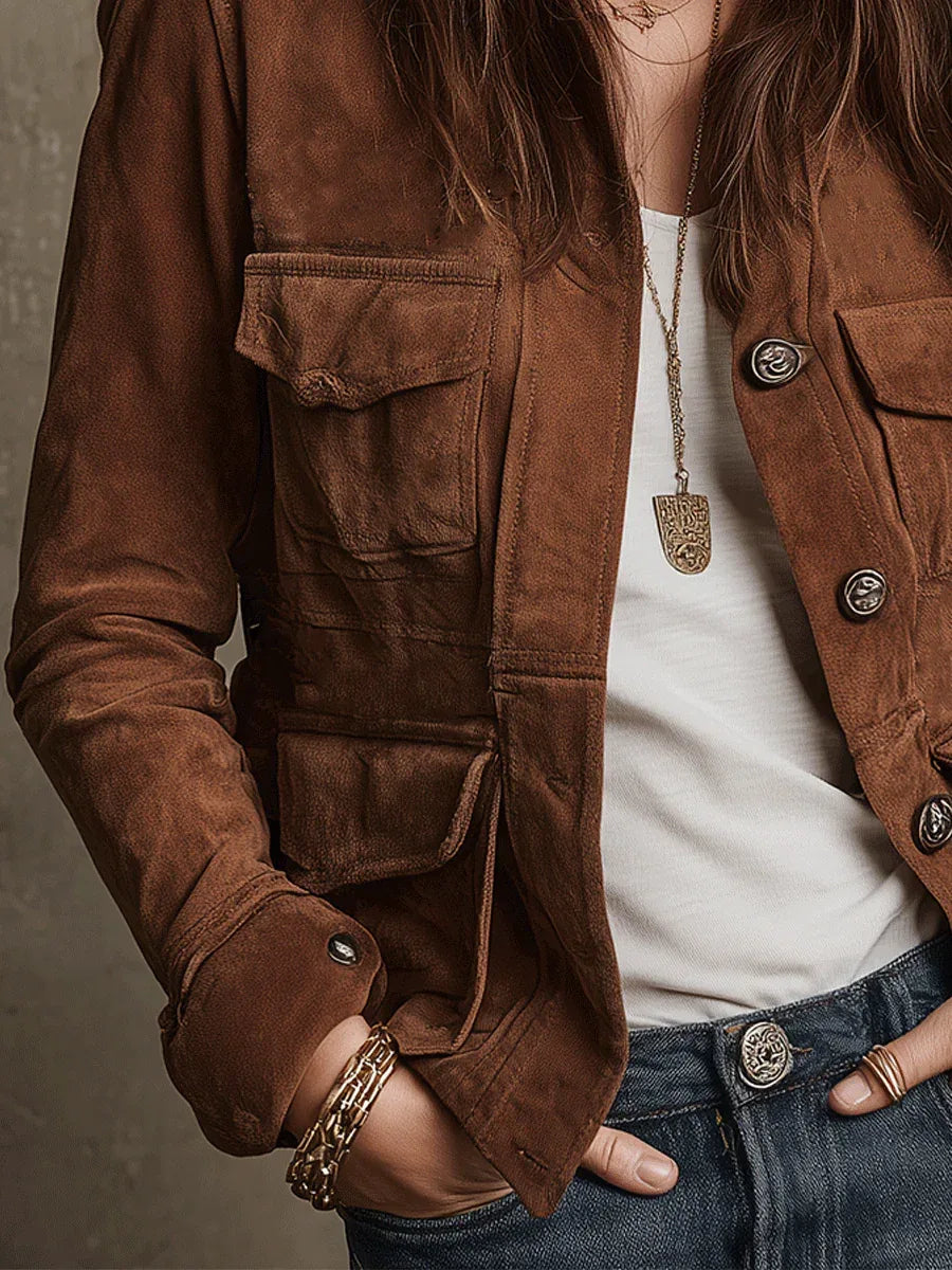 Vintage Brown Faux Suede Multi-Pocket Jacket - NuaVibe