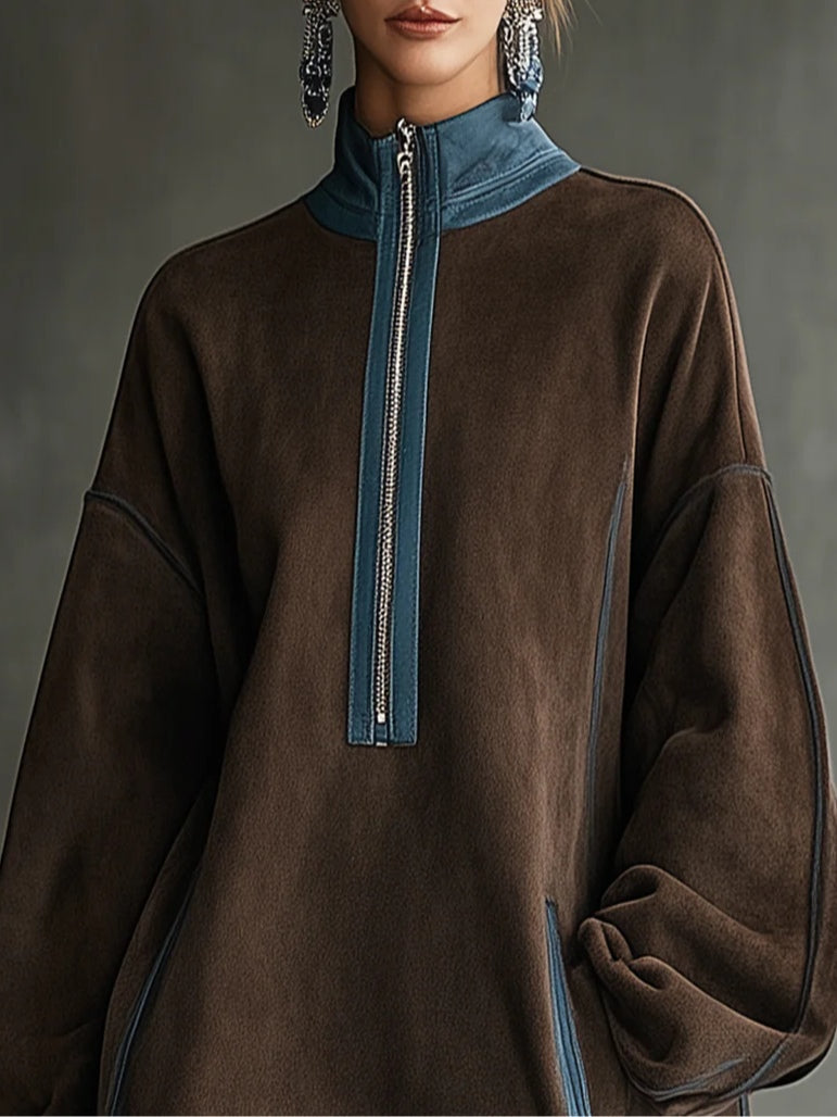 Brown Faux Suede Turtleneck Zippered Oversized Mini Dress
