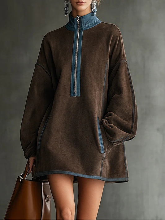 Brown Faux Suede Turtleneck Zippered Oversized Mini Dress