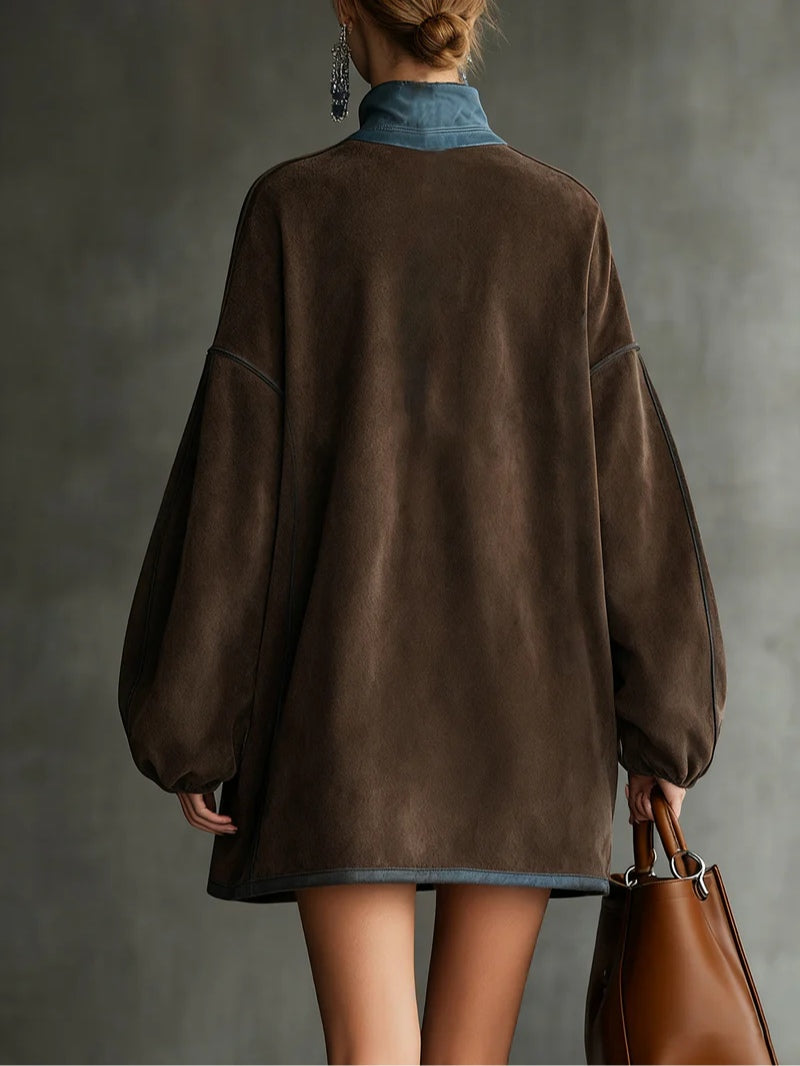 Brown Faux Suede Turtleneck Zippered Oversized Mini Dress