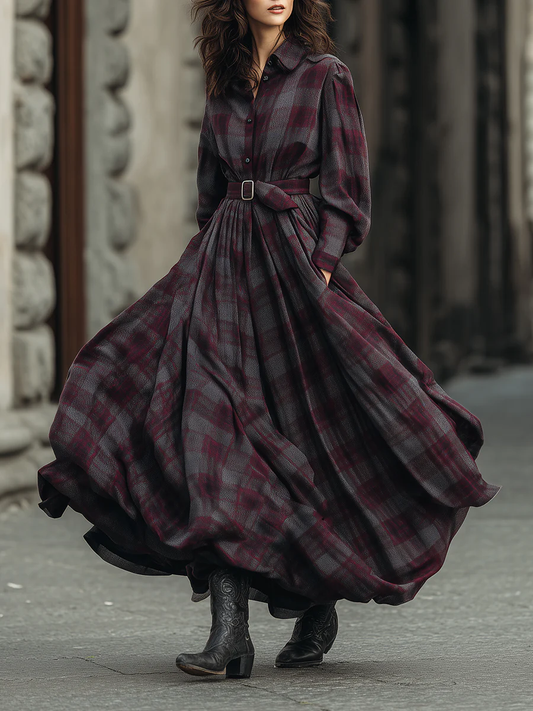 Elegant Purple Plaid Print Lantern Sleeve Shirt Maxi Dress (With Belt)