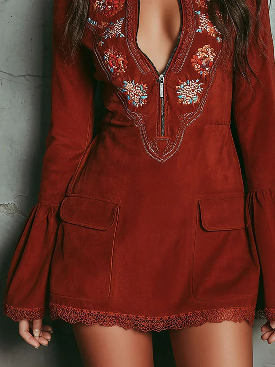 Vintage Rust Red Bell Sleeve Embroidered Faux Suede Lace Mini Dress - NuaVibe