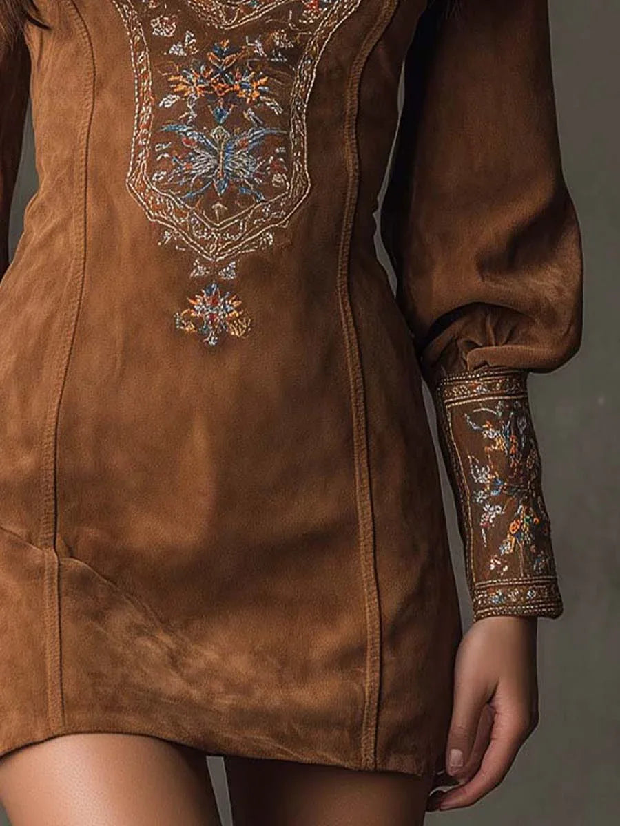 Vintage Brown V-Neck Suede Embroidered Mini Dress - NuaVibe