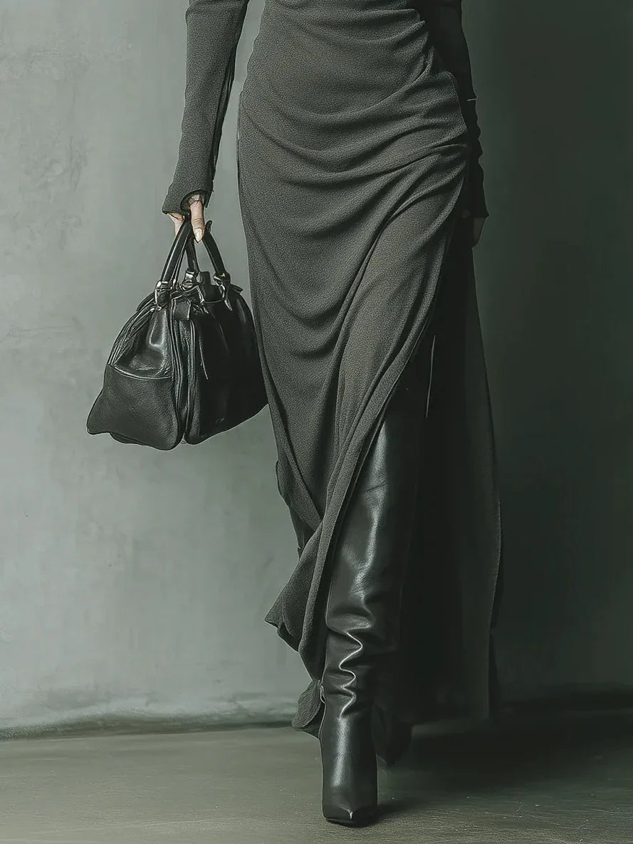 Dark Grey High Elastic Knitted Hooded Maxi Dress - NuaVibe