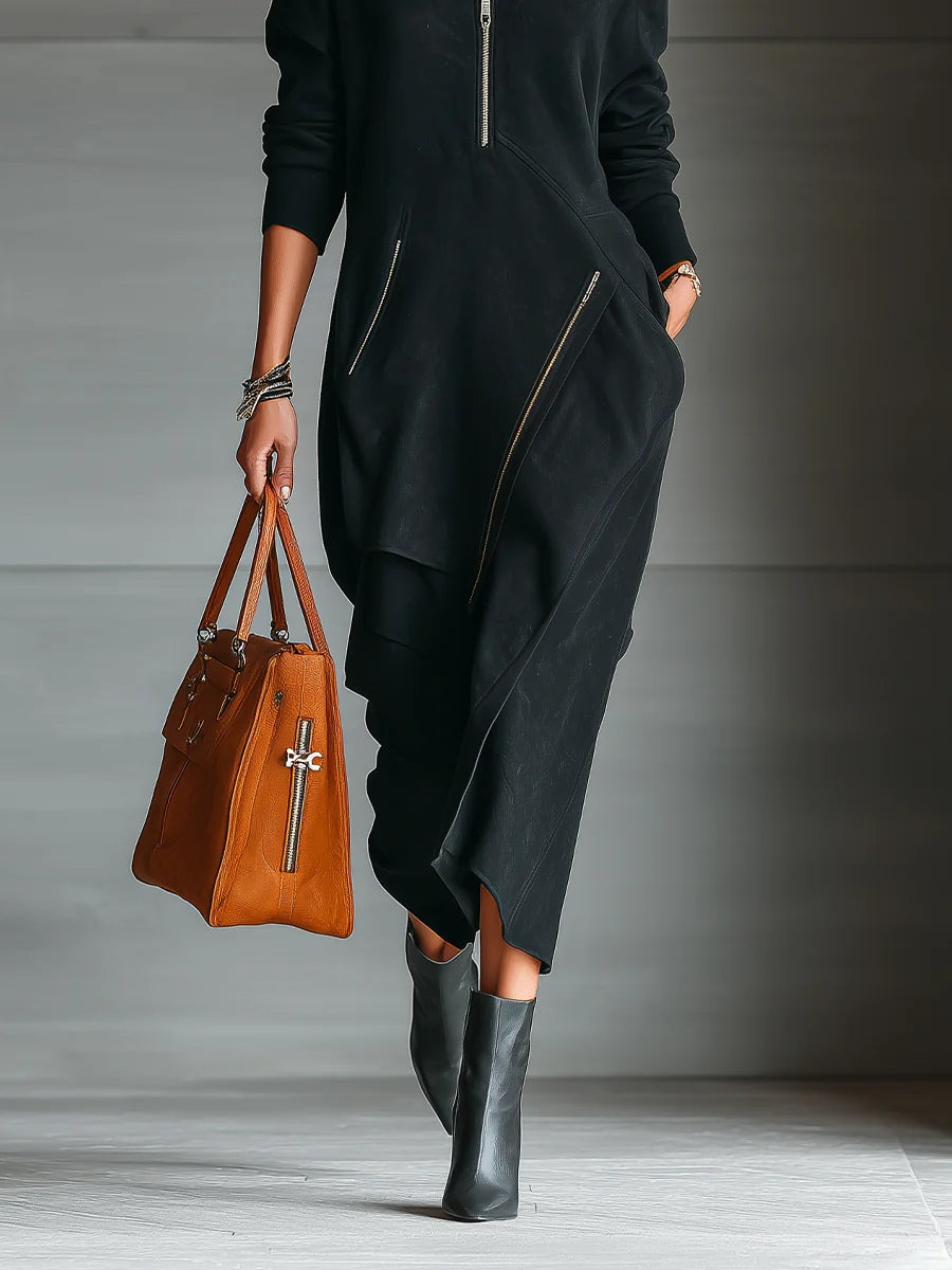 Black Faux Suede Stand Collar Half Zipper Simple Maxi Dress