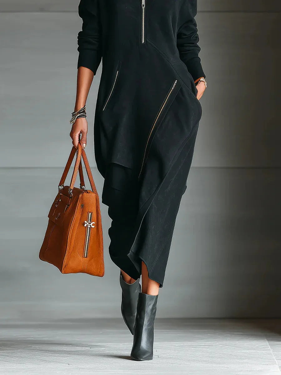 Black Faux Suede Stand Collar Half Zipper Simple Maxi Dress - NuaVibe