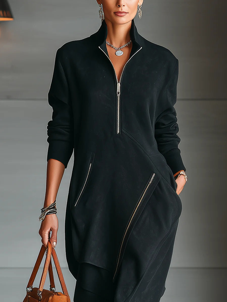 Black Faux Suede Stand Collar Half Zipper Simple Maxi Dress