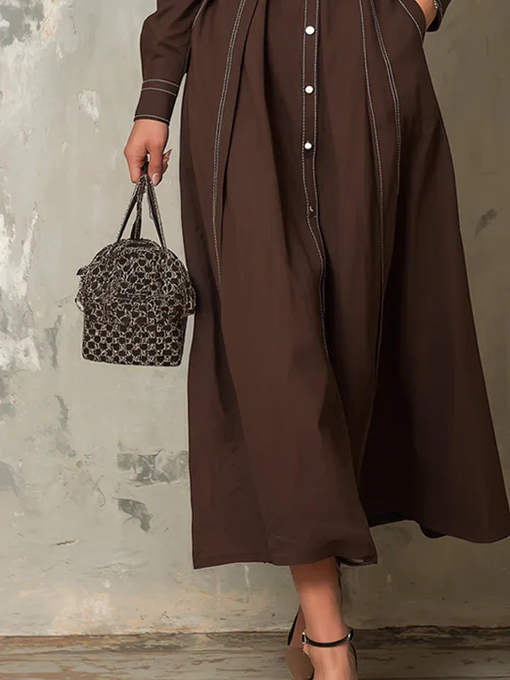 Vintage Dark Brown Contrast Stitching Pocket Maxi Dress - NuaVibe