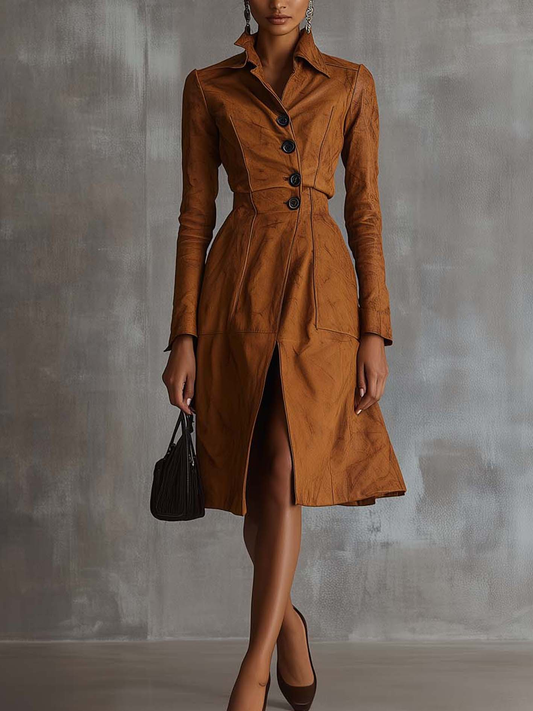 Vintage Brown Waist Trench Coat Midi Dress