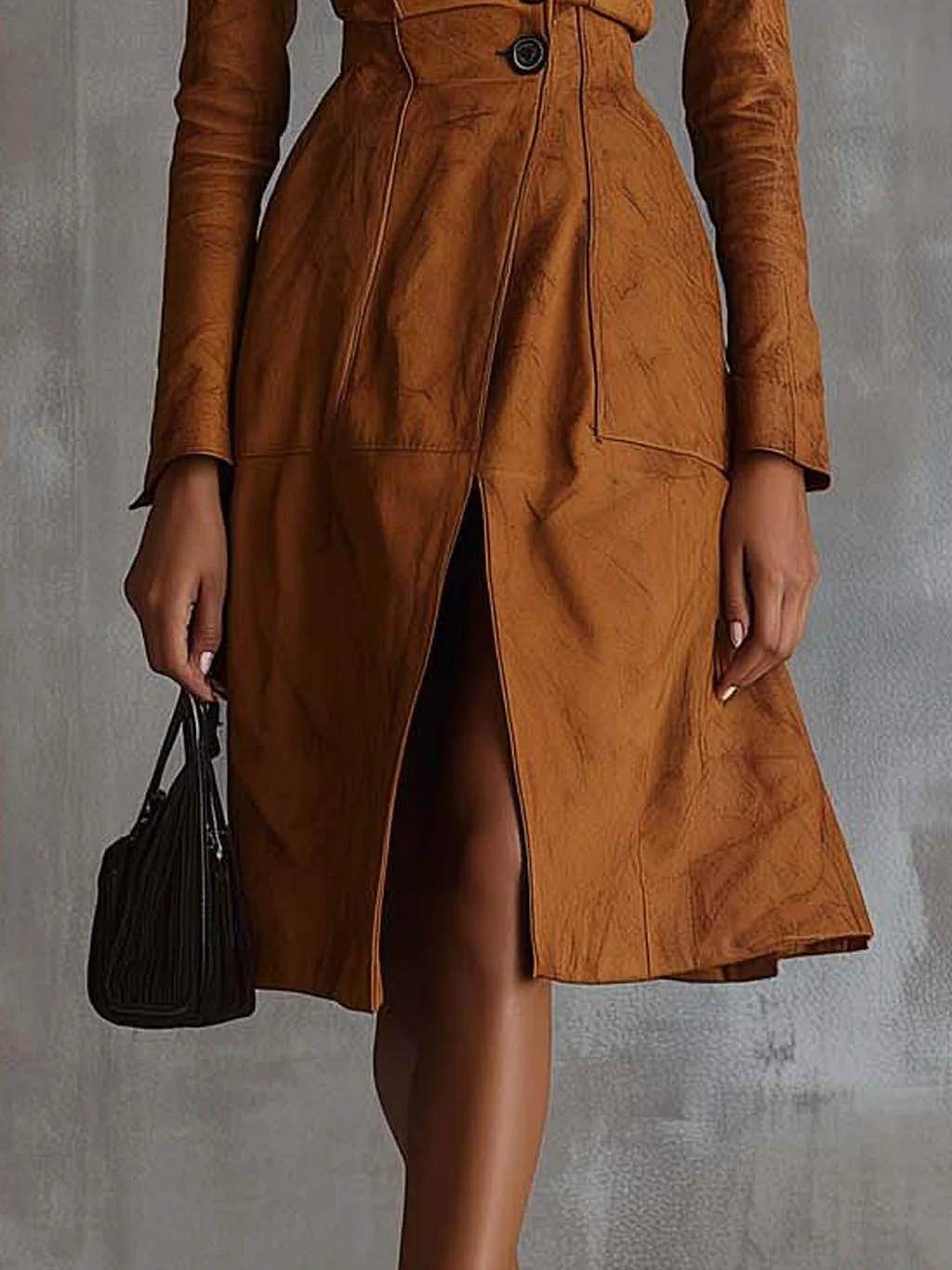 Vintage Brown Waist Trench Coat Midi Dress