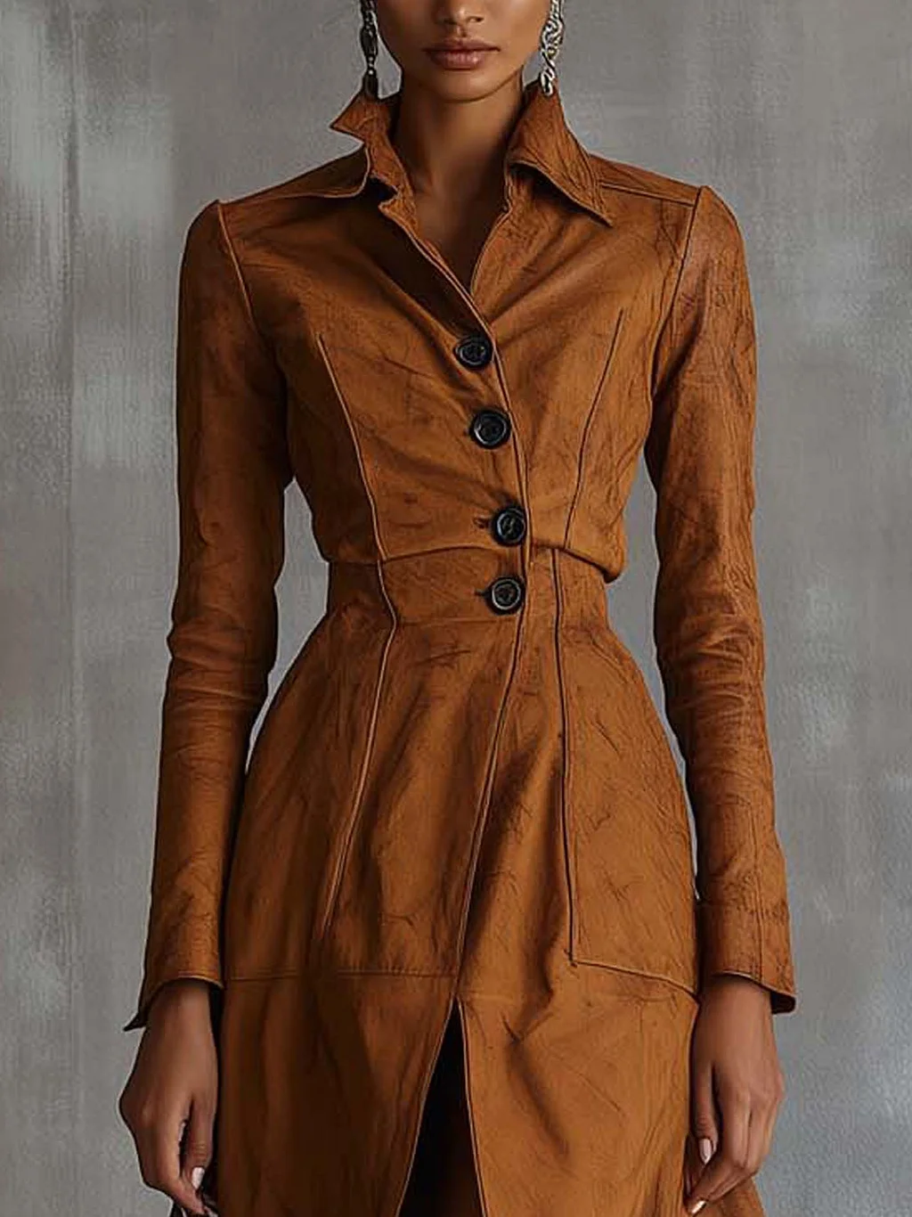 Vintage Brown Waist Trench Coat Midi Dress