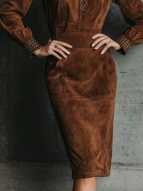 Elegant Brown Suede Studded Slim-Fit Shirt Midi Dress - NuaVibe