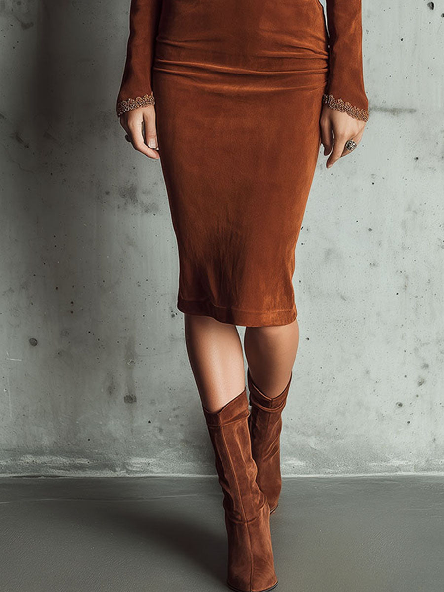 Vintage Brown V-Neck Faux Suede Lace Trim Ruffle Midi Dress