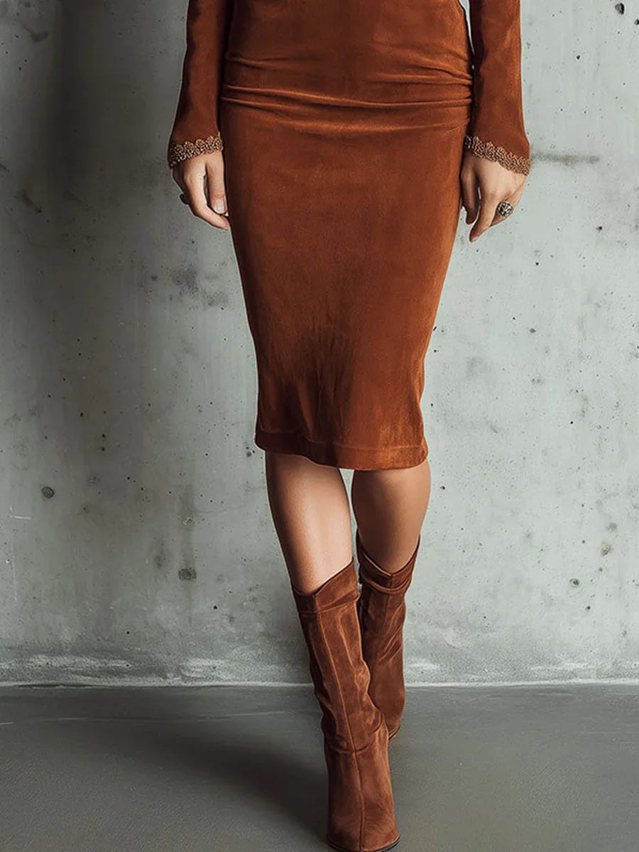 Vintage Brown V-Neck Faux Suede Lace Trim Ruffle Midi Dress - NuaVibe
