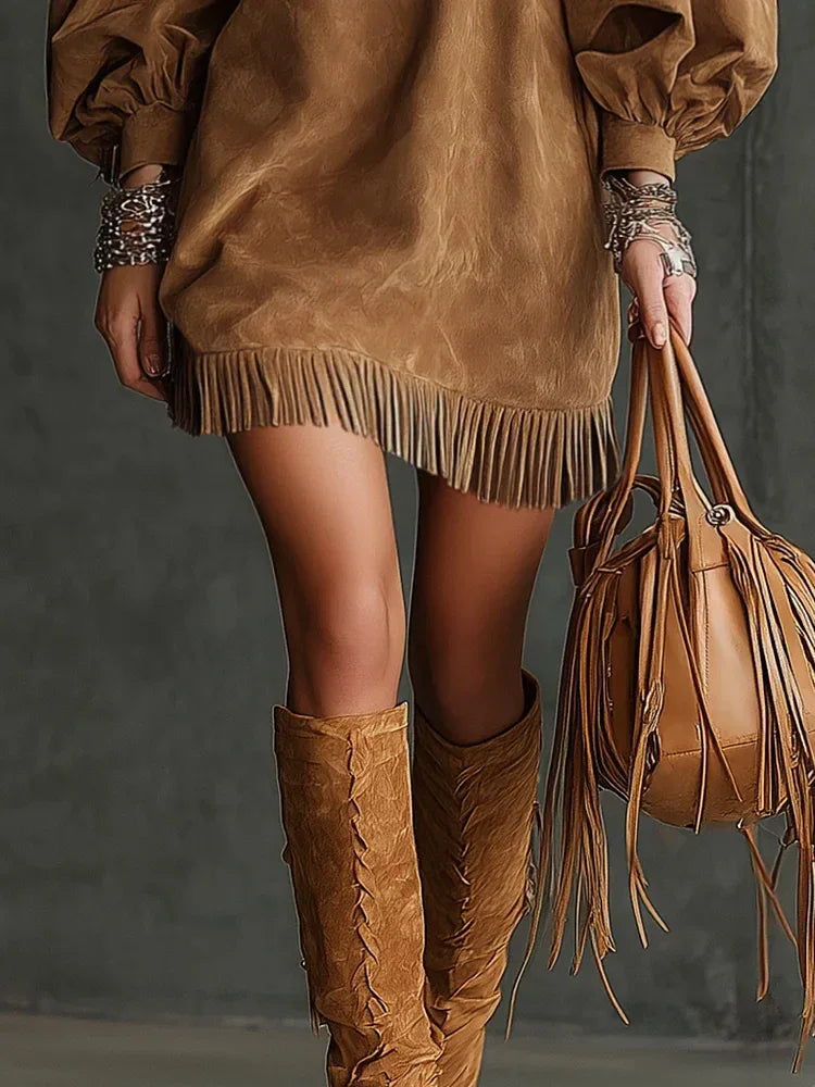 Vintage Brown Suede Fringed Puff Sleeve Mini Dress - NuaVibe