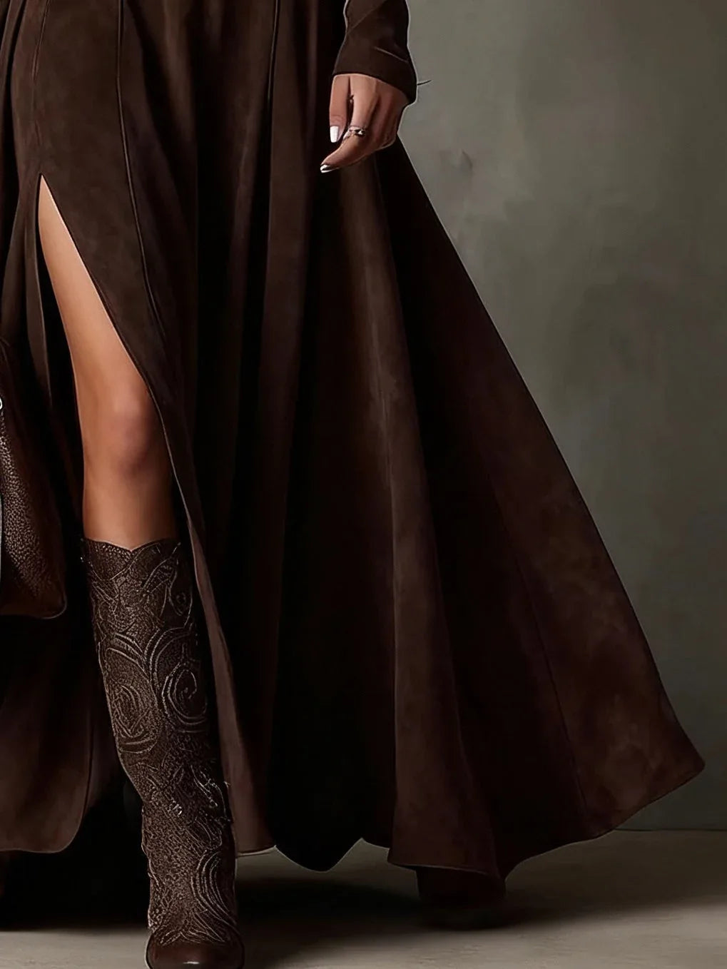 Dark Brown Faux Suede Turtleneck Long Sleeve Slit Maxi Dress - NuaVibe