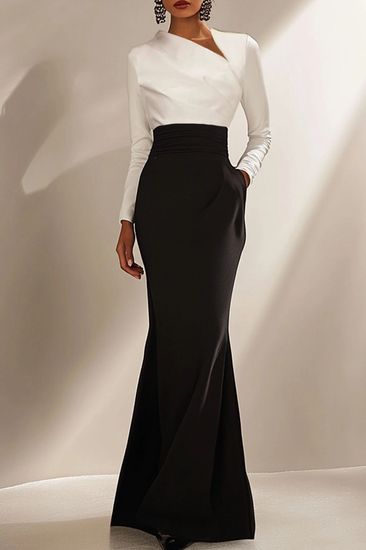 Elegant Dress Black White Long Sleeve Maxi Dress