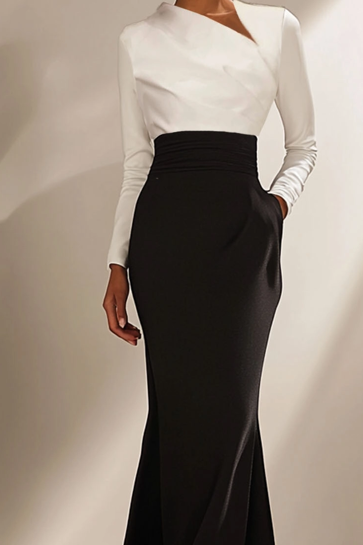Elegant Dress Black White Long Sleeve Maxi Dress