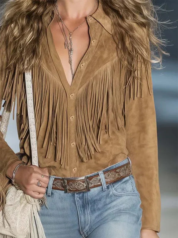 Vintage Brown Button-Down Tassel Suede Long Sleeve Shirt Top - NuaVibe