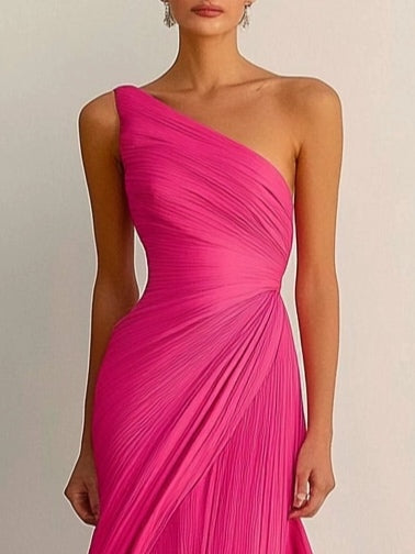 Formal Party Ball Gown One Shoulder Pleated Maxi Dress