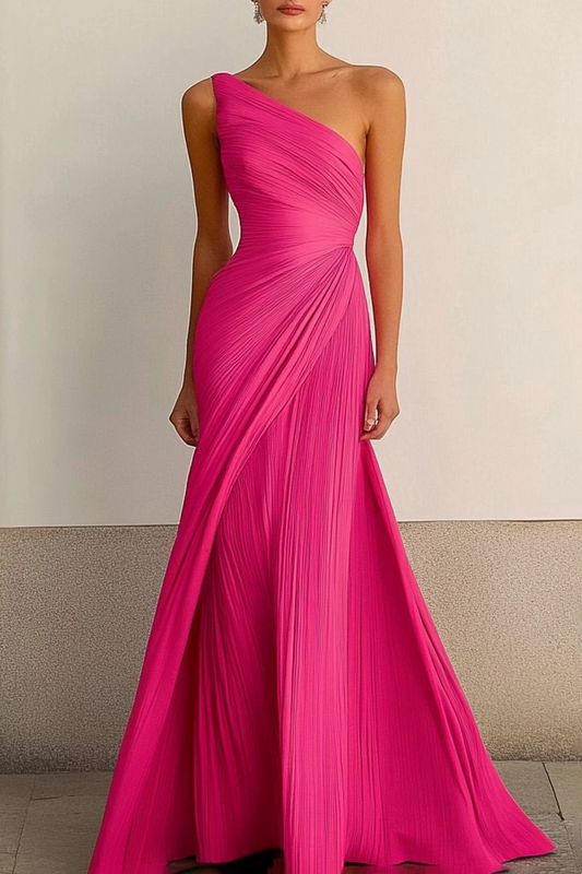 Formal Party Ball Gown One Shoulder Pleated Maxi Dress