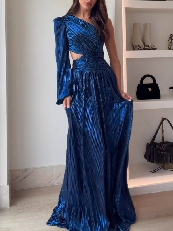 Elegant Dark Blue One-shoulder Hollow Pleated Maxi Dresses