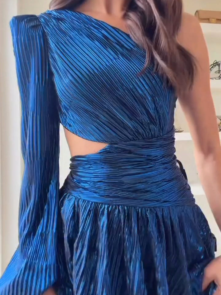 Elegant Dark Blue One-shoulder Hollow Pleated Maxi Dresses