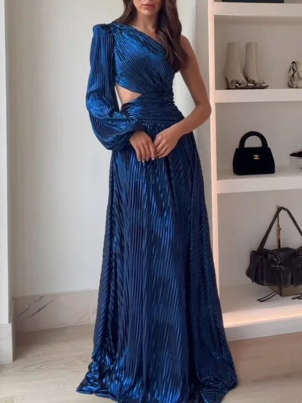 Elegant Dark Blue One-shoulder Hollow Pleated Maxi Dresses - NuaVibe