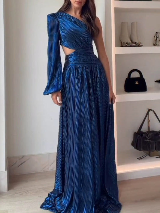 Elegant Dark Blue One-shoulder Hollow Pleated Maxi Dresses
