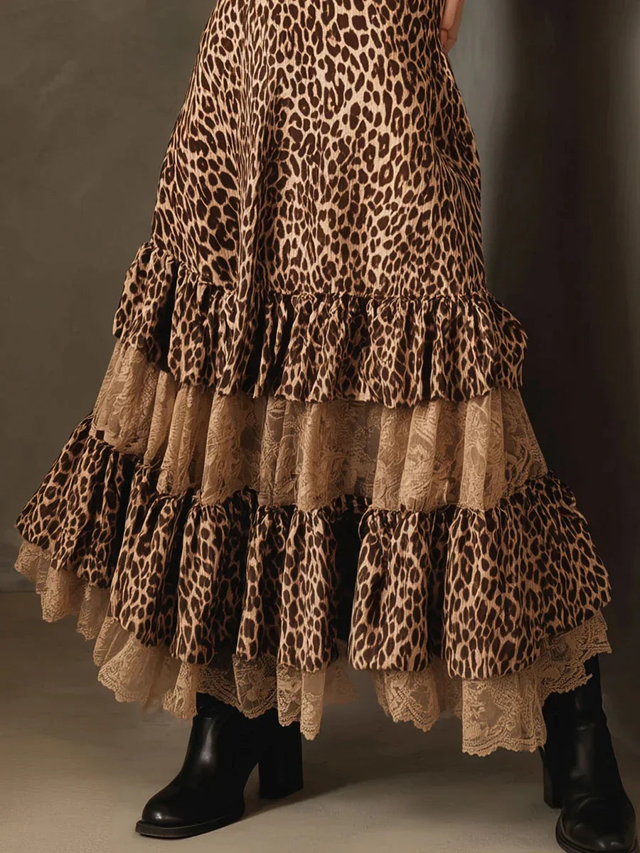 Retro Leopard Lace Ruffled Patchwork Skirt - NuaVibe
