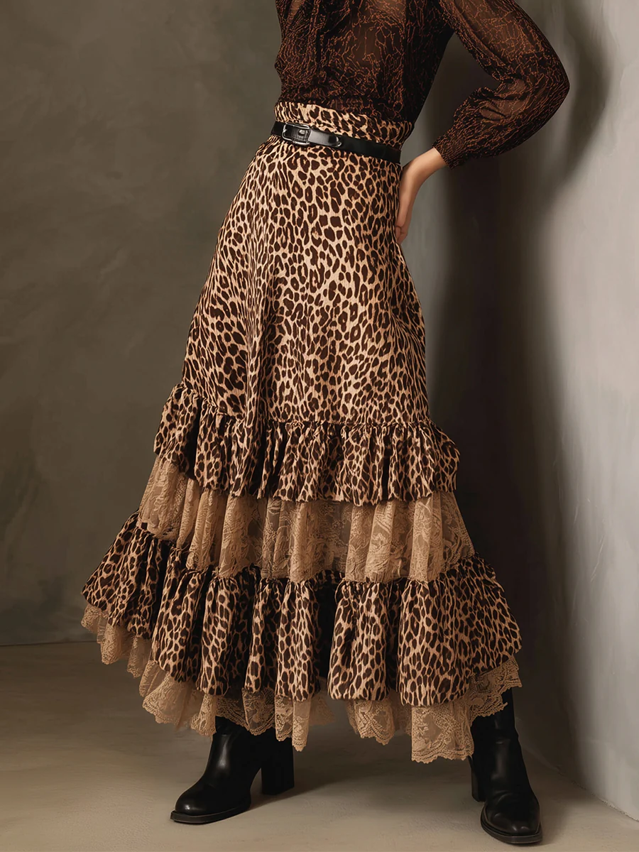 Retro Leopard Lace Ruffled Patchwork Skirt