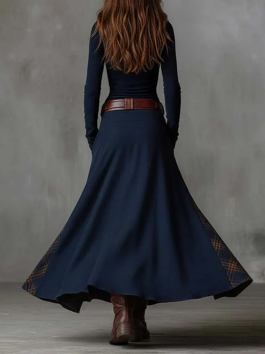 Navy Plaid Paneled Vintage Suede Maxi Dress - NuaVibe