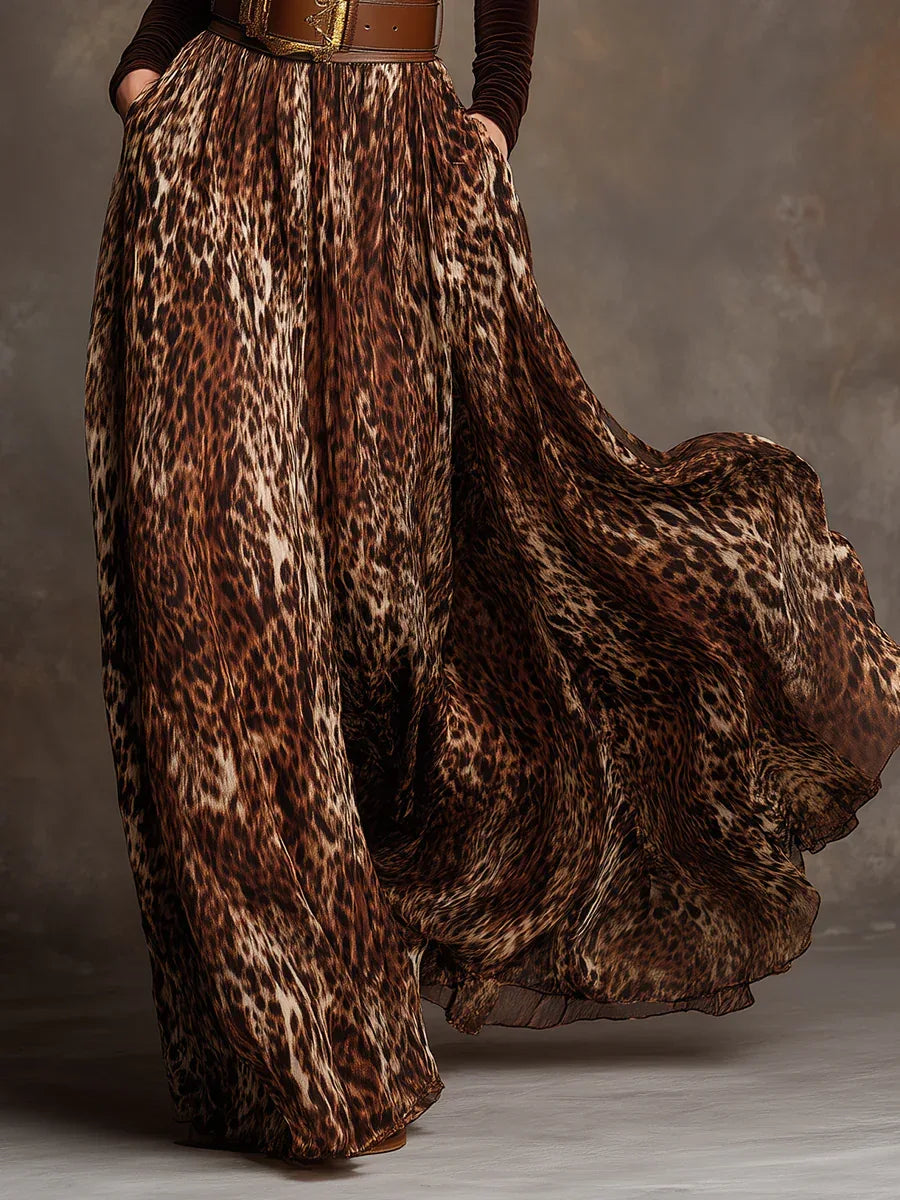Elegant Velvet Turtleneck Top and Leopard Print Skirt Set - NuaVibe