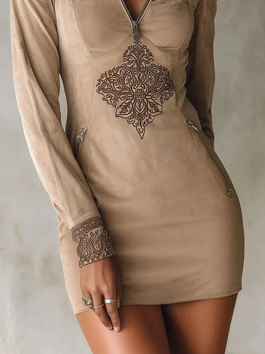 Vintage Beige Zipper Embroidered Suede Mini Dress - NuaVibe