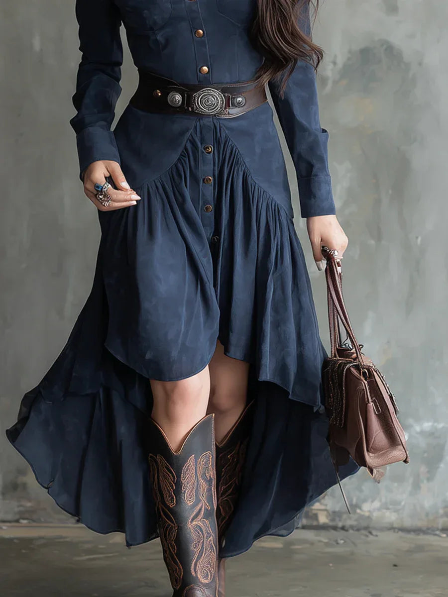 Retro Blue Lapel Button Pocket Irregular Flowy Midi Dress - NuaVibe