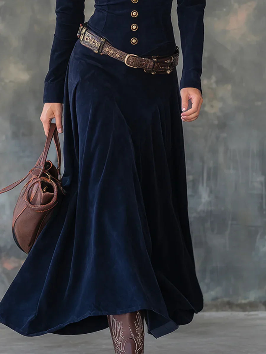 Vintage Flap Pocket Polyester Suede Maxi Dress(With belt) - NuaVibe