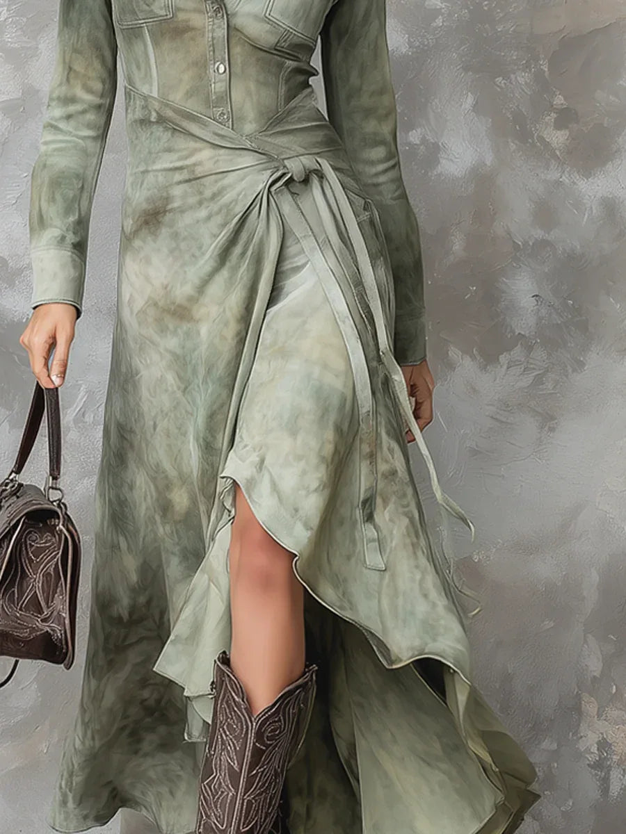 Vintage Sage Green Tie-Dye Pocket Slim Maxi Dress - NuaVibe