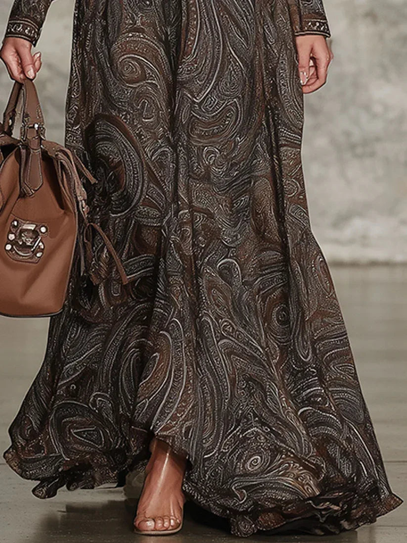 Elegant Vintage Paisley Zip Maxi Dress - NuaVibe
