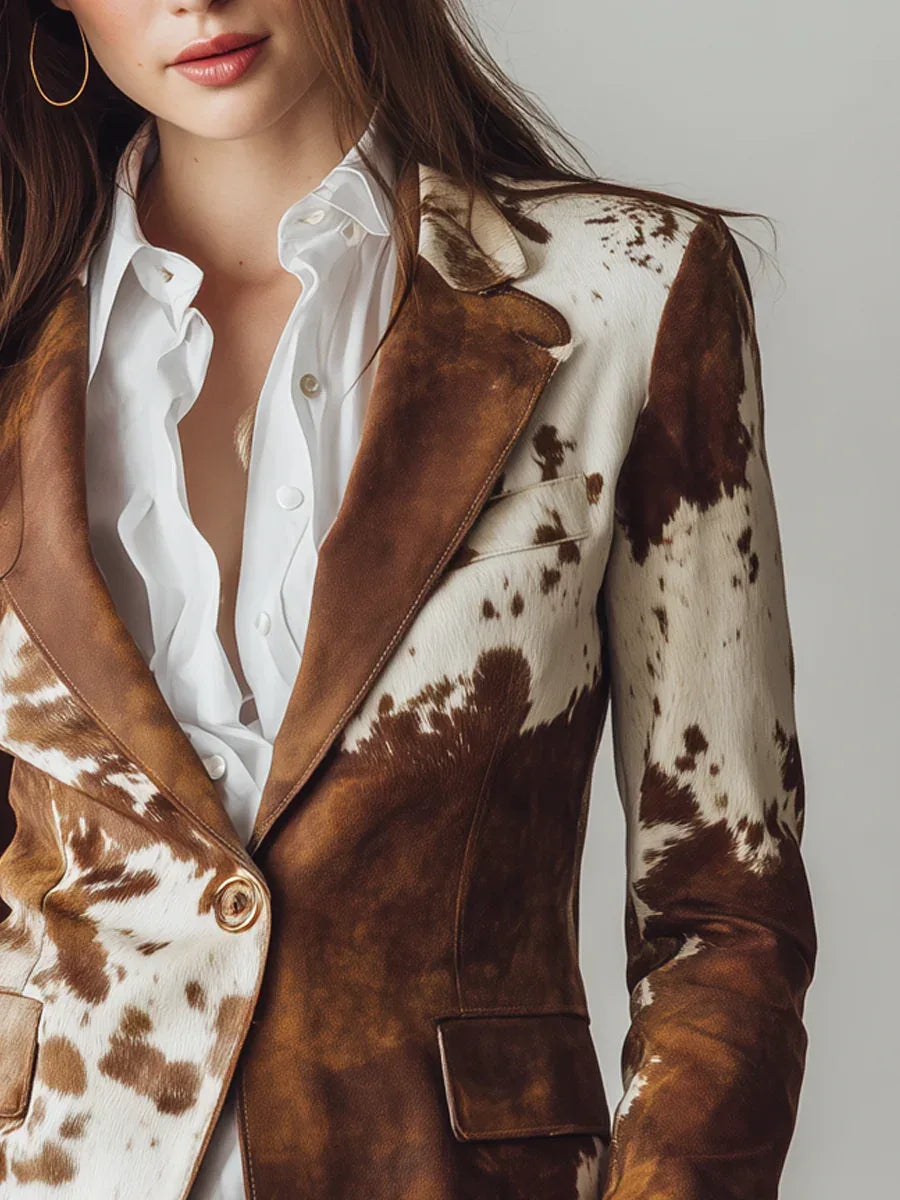 Retro Brown Cow Print Suit Jacket - NuaVibe