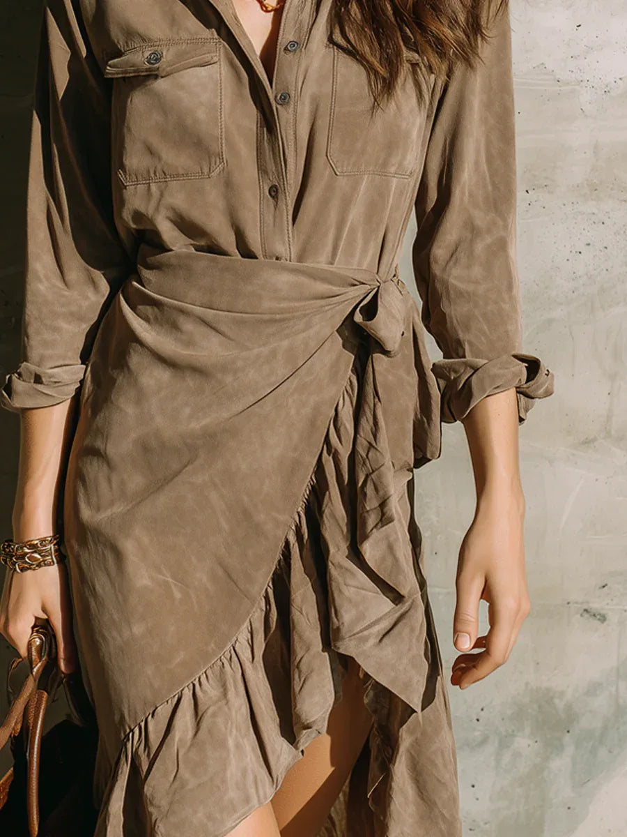 Retro Khaki Collared Ruffled Faux Suede Mini Dress - NuaVibe