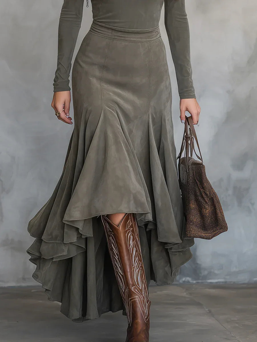 Retro Green Turtleneck Midi Dress With Irregular Hem - NuaVibe