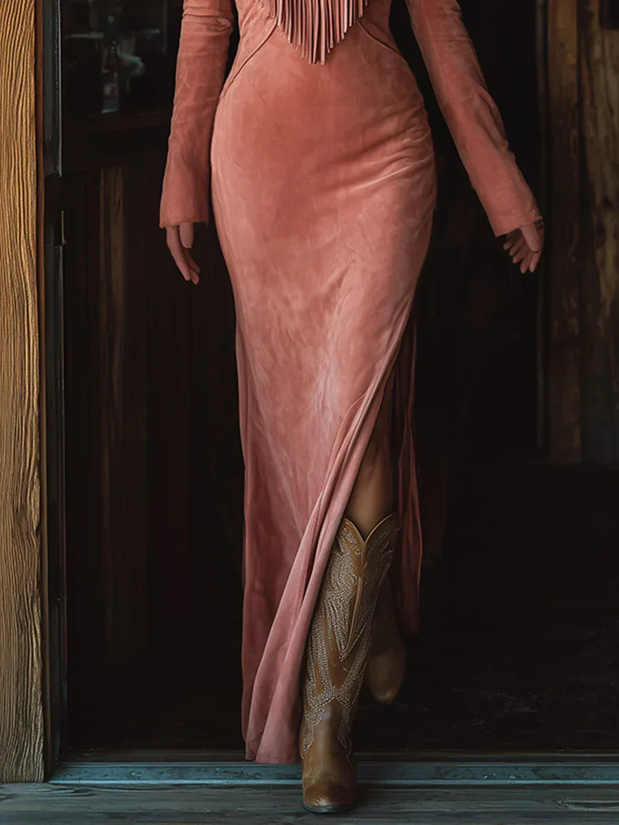 Vintage Western Tassel Embroidered Pink Faux Suede Maxi Dress - NuaVibe