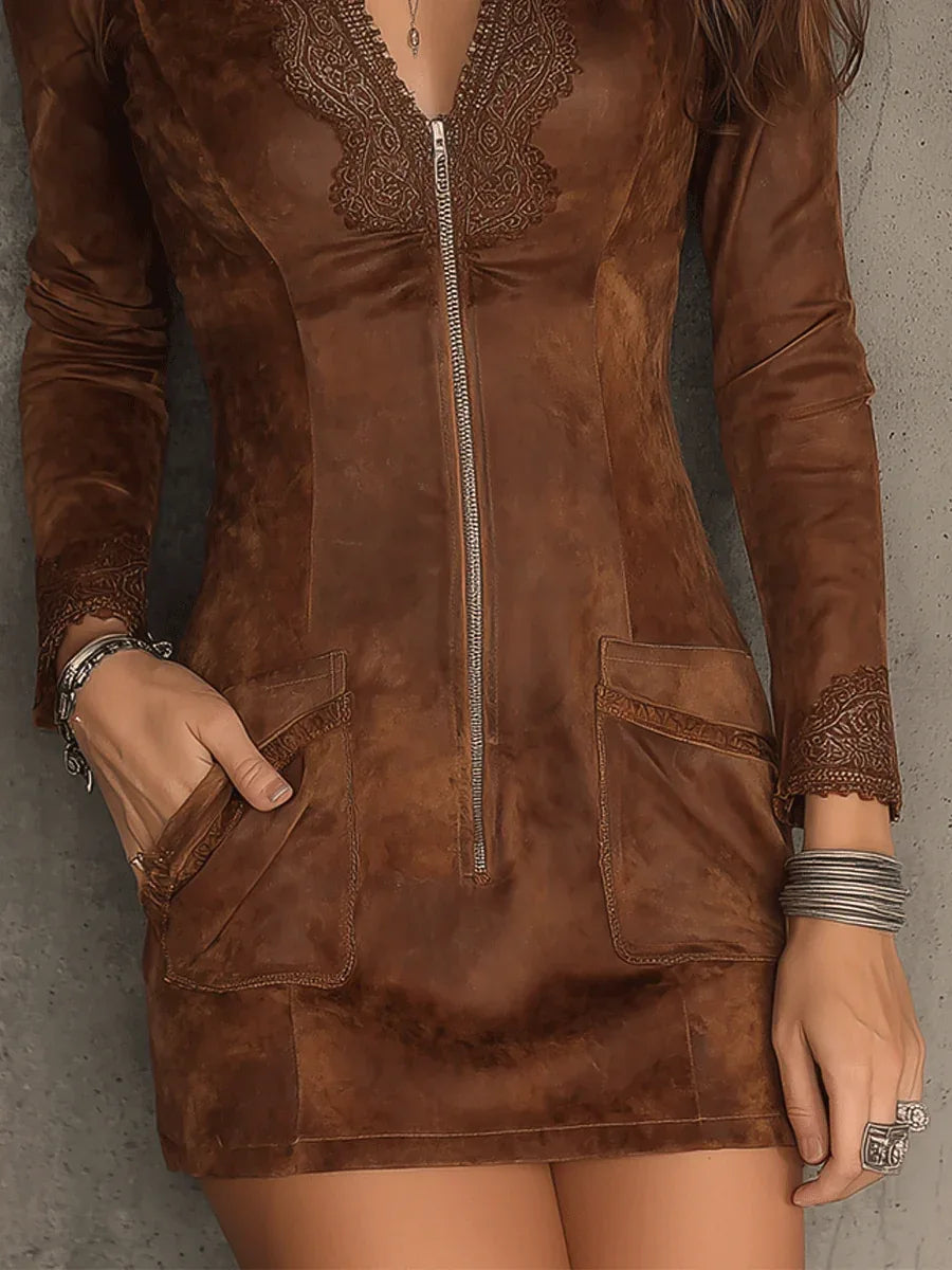 Vintage Caramel Brown Lace Trim And Zip Front Suede Mini Dress - NuaVibe