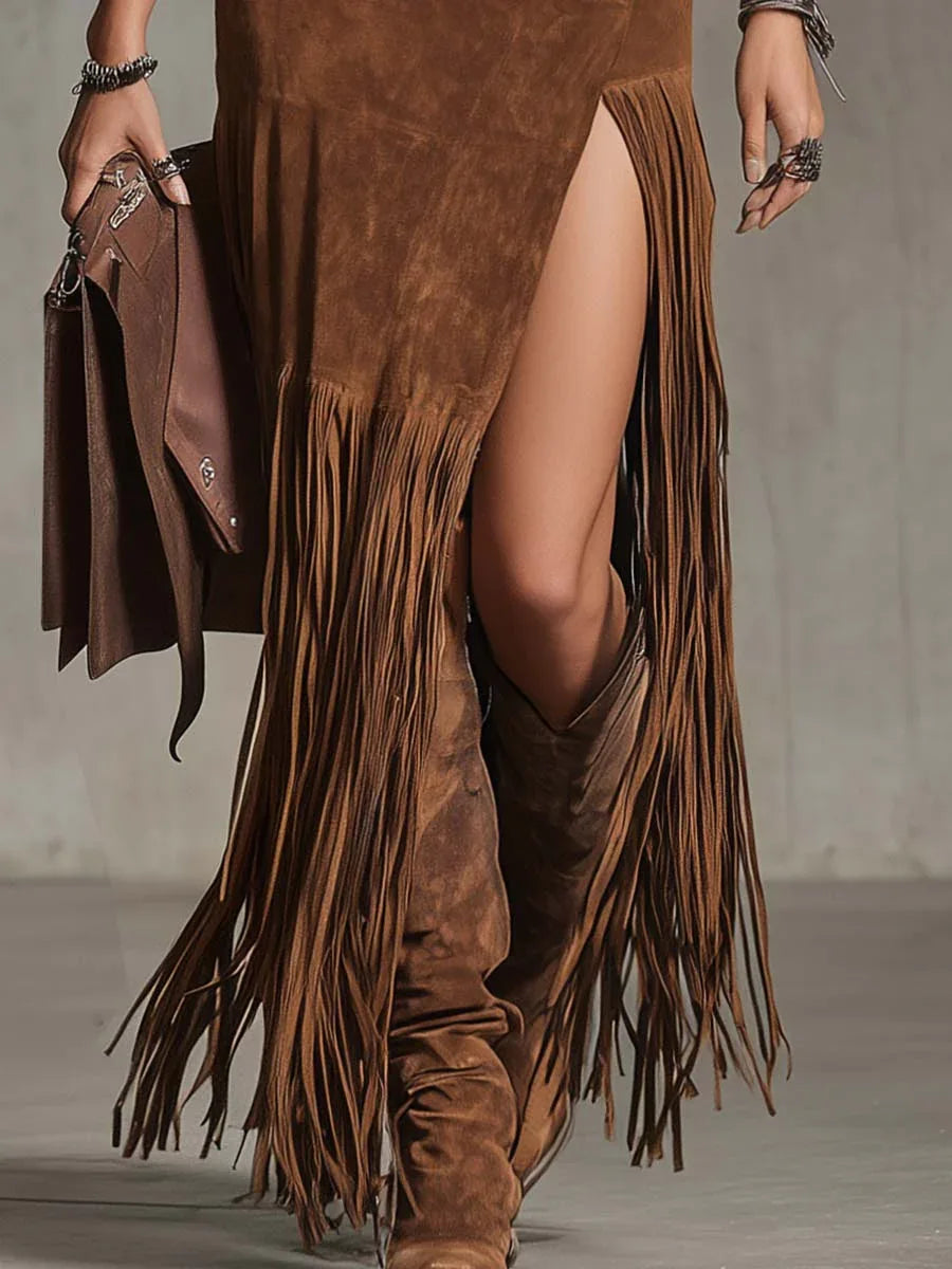 Fringe-trimmed Faux Denim Irregular Suede Midi Skirt - NuaVibe