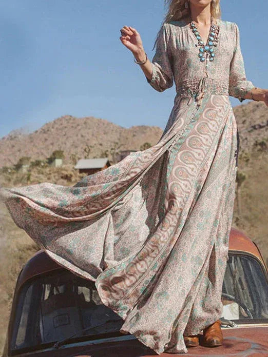 Western Style Boho Print Slit Maxi Dress - NuaVibe
