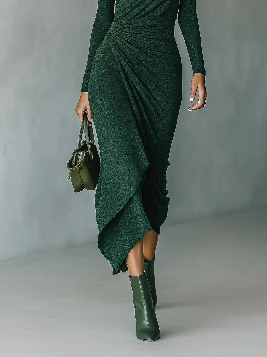 Dark Green Turtleneck Pleated Irregular Wrap Midi Dress - NuaVibe
