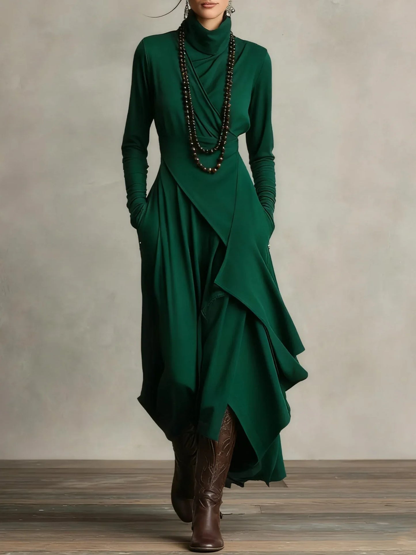 Purple High-neck Asymmetrical Pleated Maxi Dress(Necklace not included) - NuaVibe