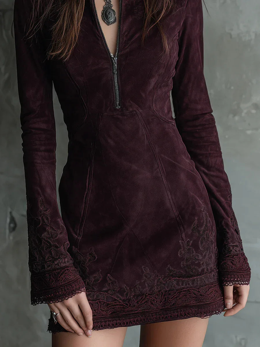 Dark Purple Vintage Faux Suede Embroidered Lace Mini Dress - NuaVibe