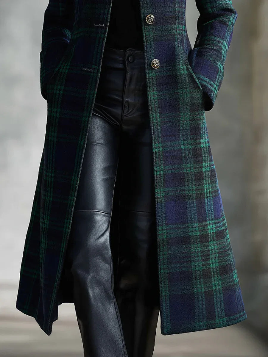 Retro Blue-green Color-blocked Plaid Midi Coat - NuaVibe